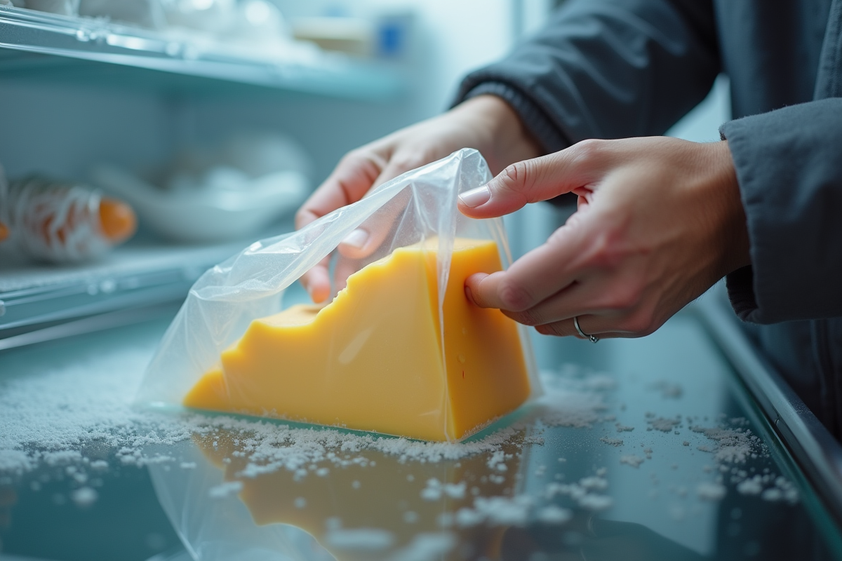 Main plaçant un fromage dans un sac de congélation pour conservation