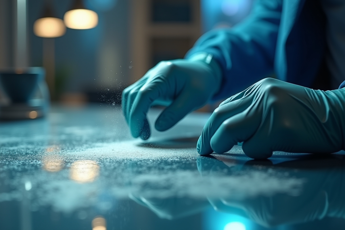 Mains gantées prélevant des empreintes sur une scène de crime