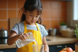 Petite fille versant de l'eau dans un pichet gradué en litres sur une table de cuisine en bois, apprentissage de la contenance