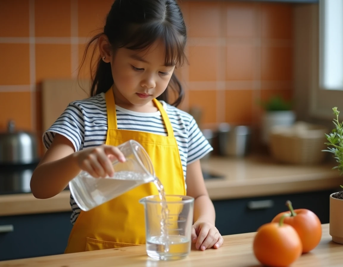 Petite fille versant de l'eau dans un pichet gradué en litres sur une table de cuisine en bois, apprentissage de la contenance