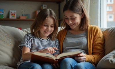 Jeune garçon lisant avec sa mère dans un salon chaleureux