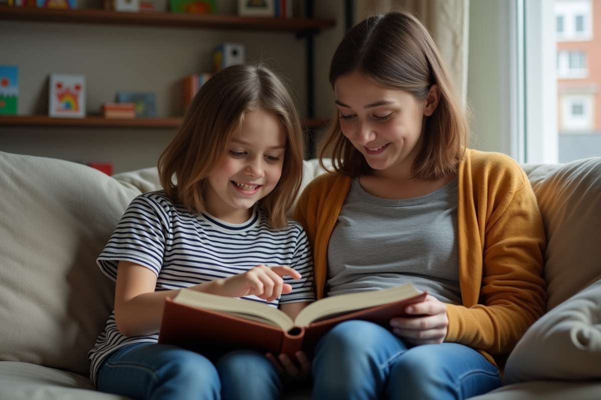 Jeune garçon lisant avec sa mère dans un salon chaleureux