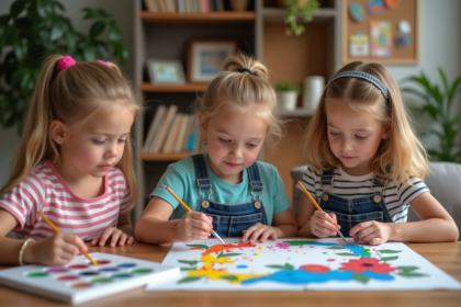 Trois enfants peignant par numéros dans un salon chaleureux