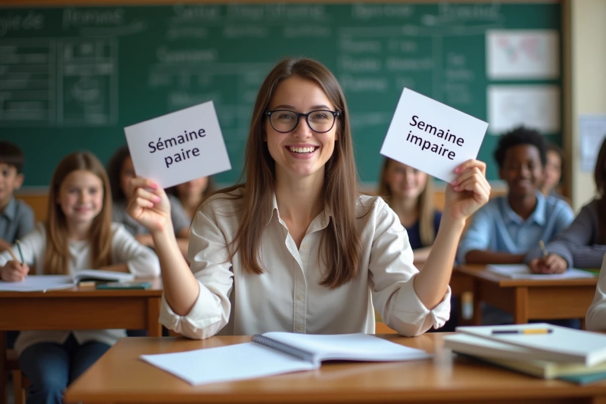 Une enseignante montre des panneaux sur les semaines paires et impaires