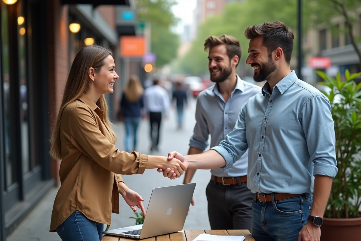 Trois entrepreneurs se serrent la main dans un café urbain en plein air