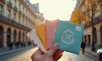 Main tenant plusieurs enveloppes colorées de Paris avec codes postaux