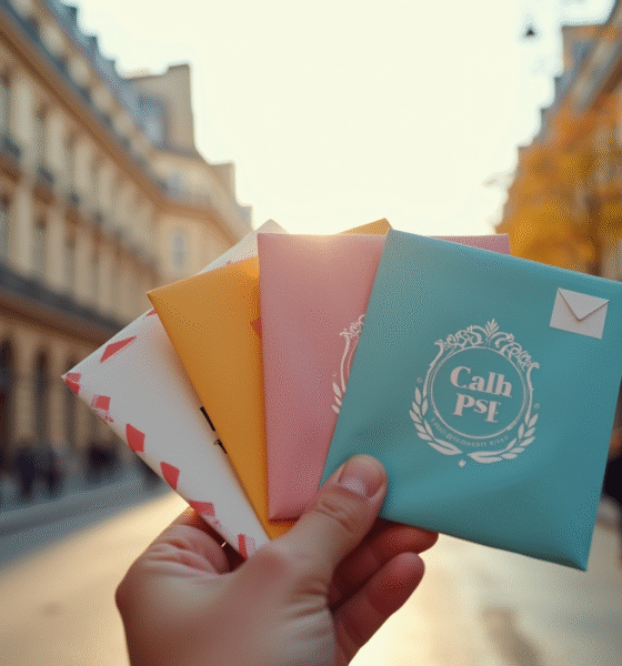 Main tenant plusieurs enveloppes colorées de Paris avec codes postaux