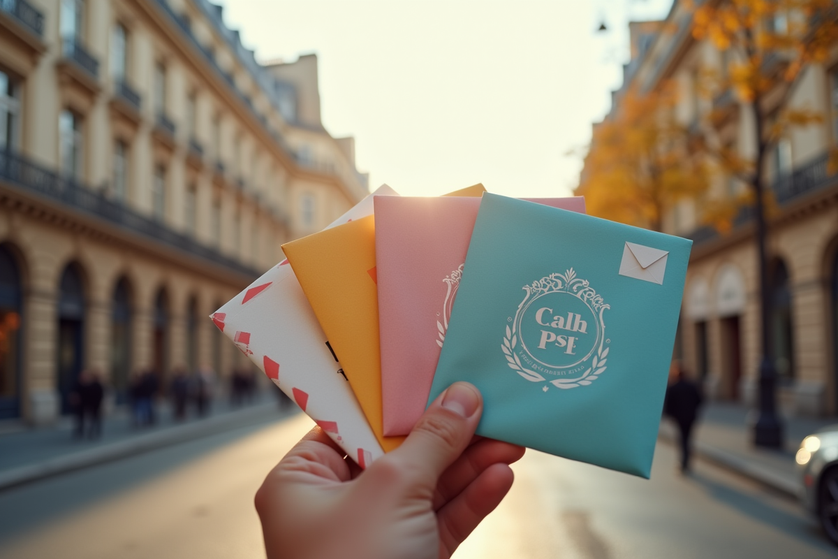 Main tenant plusieurs enveloppes colorées de Paris avec codes postaux