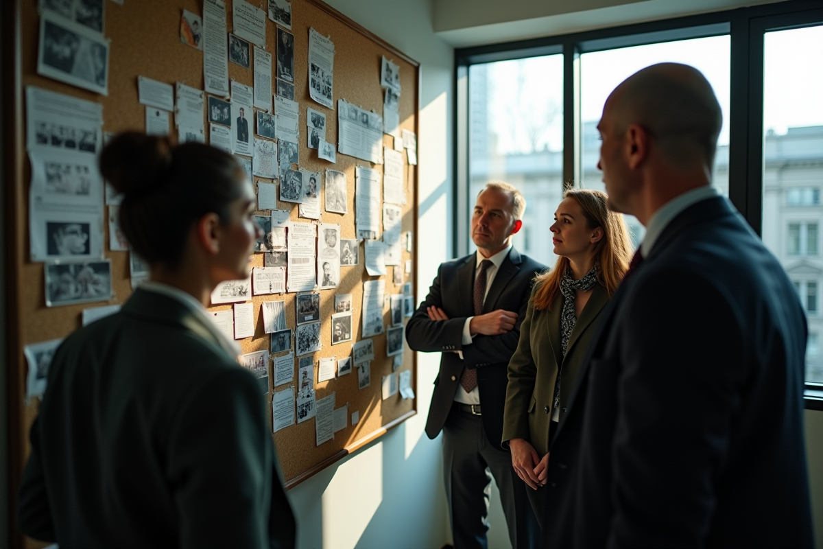Equipe d'enquêteurs examinant un tableau de crime