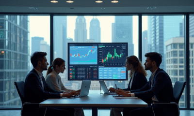 Equipe de jeunes professionnels analysant des données financières dans un bureau moderne