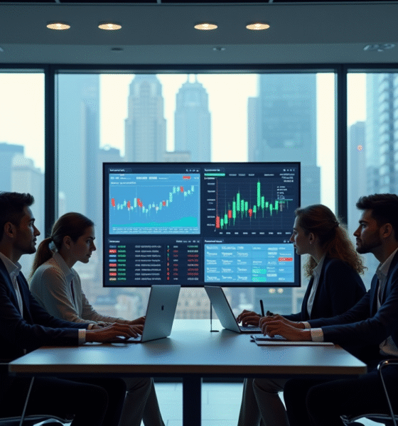 Equipe de jeunes professionnels analysant des données financières dans un bureau moderne