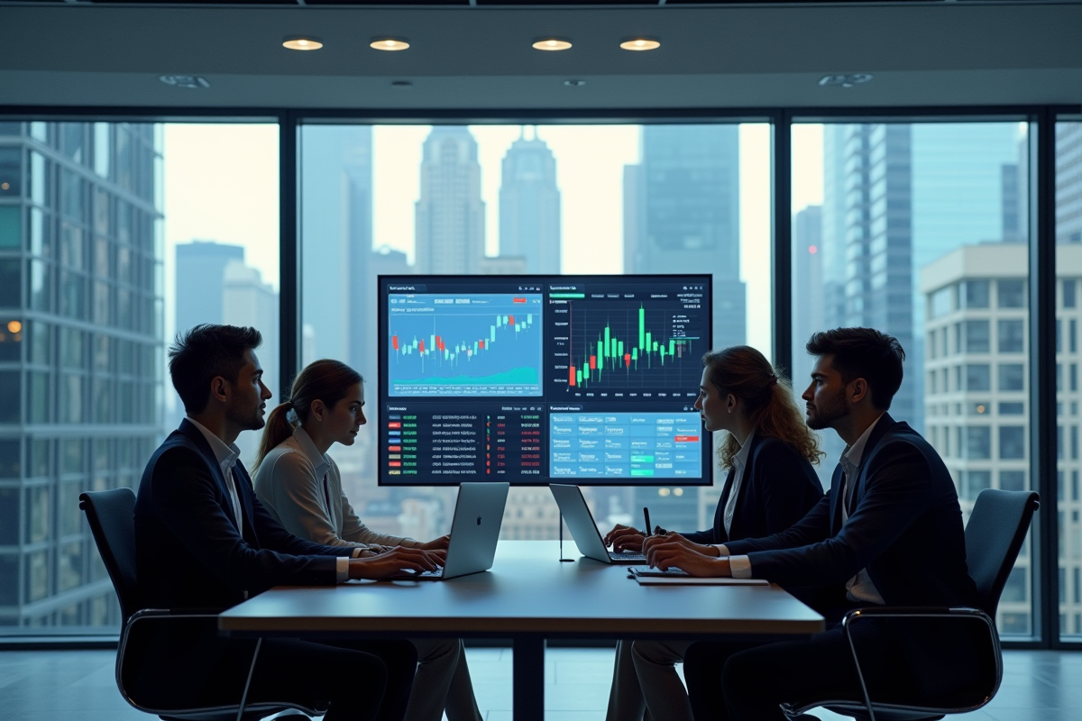 Equipe de jeunes professionnels analysant des données financières dans un bureau moderne