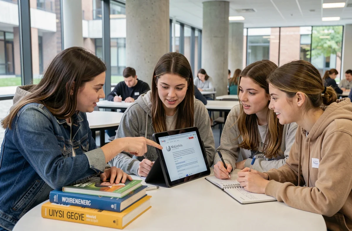 Groupe d'étudiants consultant Wikipédia sur une tablette pour leurs recherches dans une cafétéria universitaire