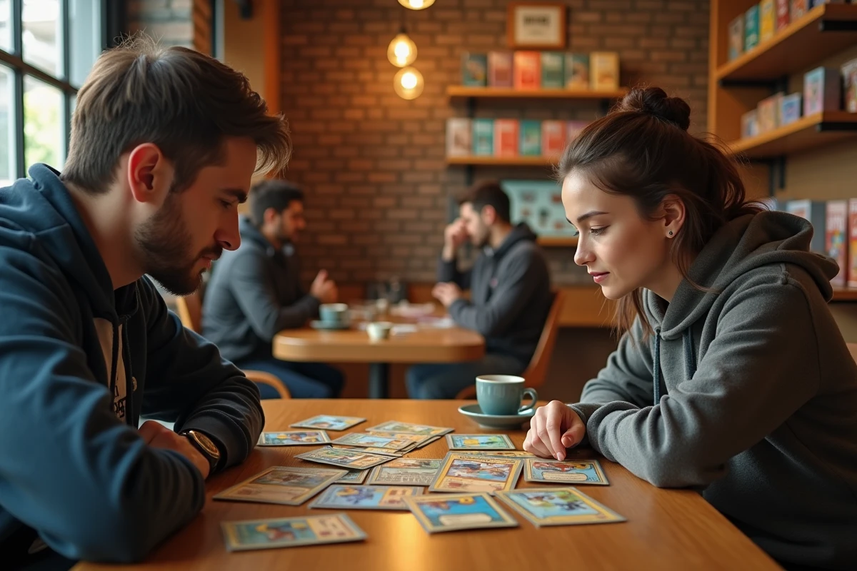 Deux adultes comparant des cartes Pokémon rares dans un café de jeux de société, évaluant les meilleures offres