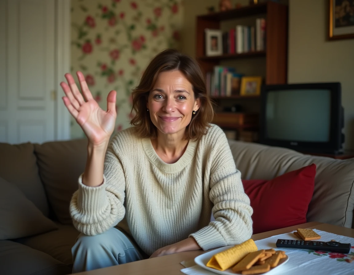 Femme d'âge mûr en pull tricoté sur un canapé dans un salon modeste, expression complice et geste expressif lors d'une conversation familiale
