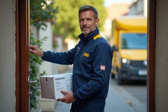 Facteur Colissimo en uniforme La Poste livrant un colis blanc devant une maison pavillonnaire le samedi matin
