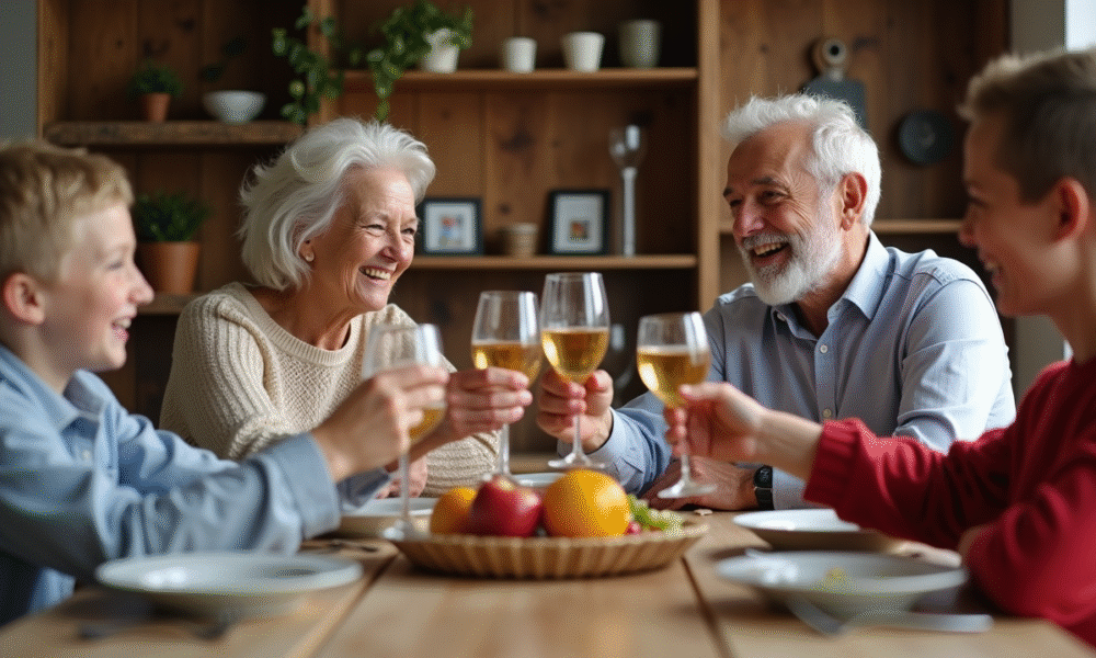 Trois générations de famille française autour d'une table riant
