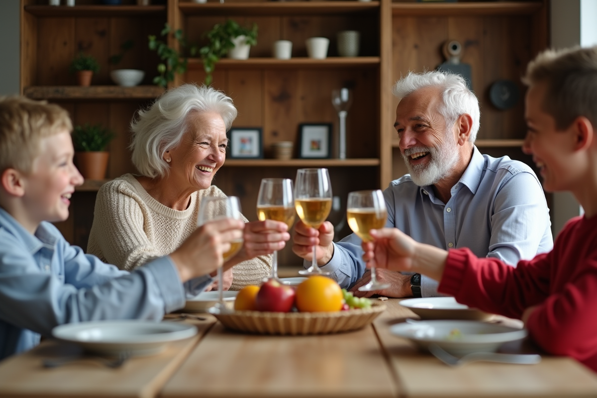 Trois générations de famille française autour d'une table riant