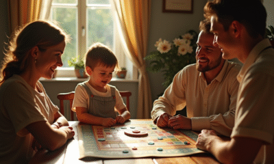 Famille jouant au nain jaune autour d'une table ensoleillée