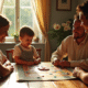 Famille jouant au nain jaune autour d'une table ensoleillée