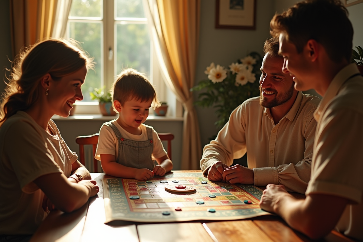 Famille jouant au nain jaune autour d'une table ensoleillée