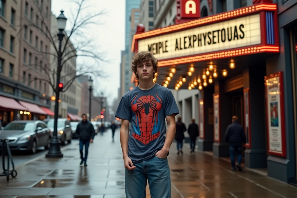 Jeune fan de Spider-Man devant un cinéma affichant Avengers sous un ciel nuageux en ville