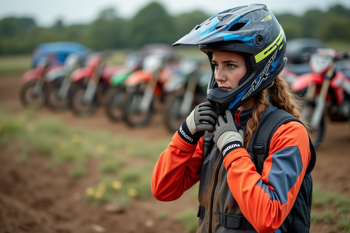 Jeune femme ajustant son casque de motocross dans la zone de pit