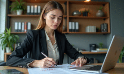 Femme d affaires dans une banque en train d examiner des documents