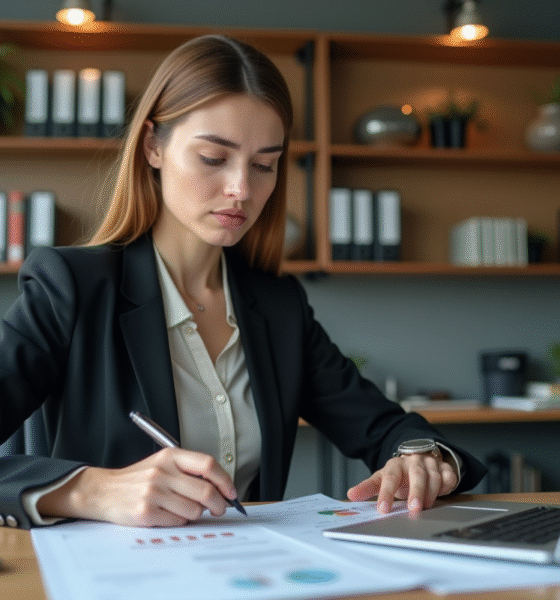 Femme d affaires dans une banque en train d examiner des documents