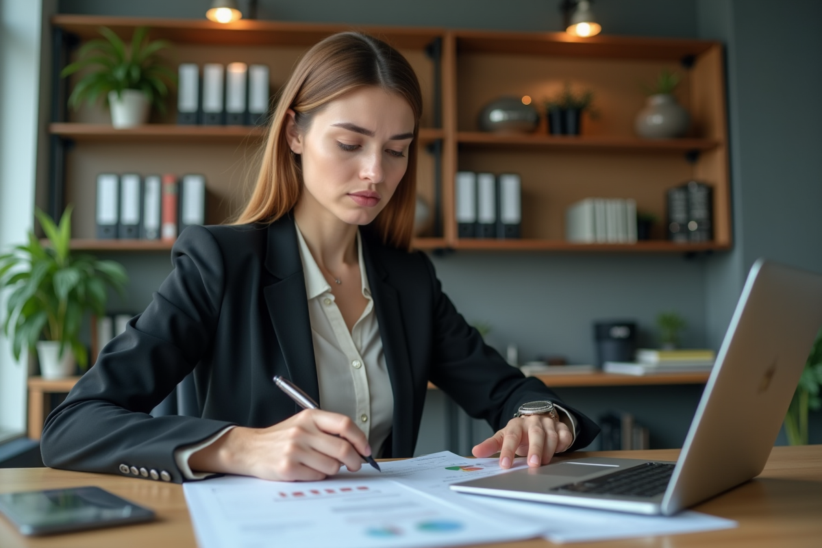 Femme d affaires dans une banque en train d examiner des documents