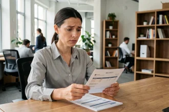 Femme au bureau analysant son bulletin de paie avec attention, calcul des minutes en centièmes