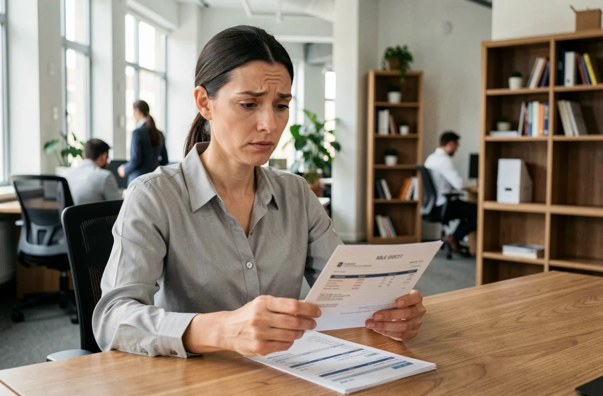 Femme au bureau analysant son bulletin de paie avec attention, calcul des minutes en centièmes