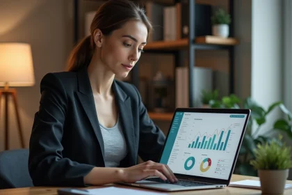 Femme analyste utilisant un outil numérique pour suivre la monétisation et les revenus en ligne depuis un bureau à domicile
