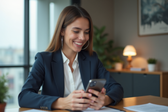 Jeune femme professionnelle utilisant son smartphone en banque