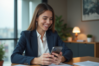 Jeune femme professionnelle utilisant son smartphone en banque