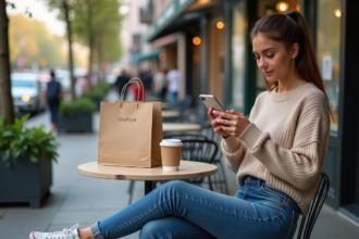 Jeune femme en jeans et sweater au café en ville