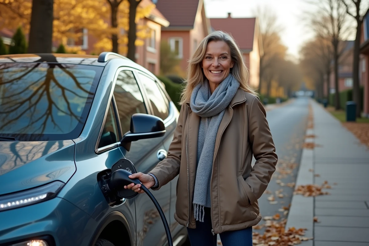 Femme chargeant sa voiture hybride dans un quartier résidentiel