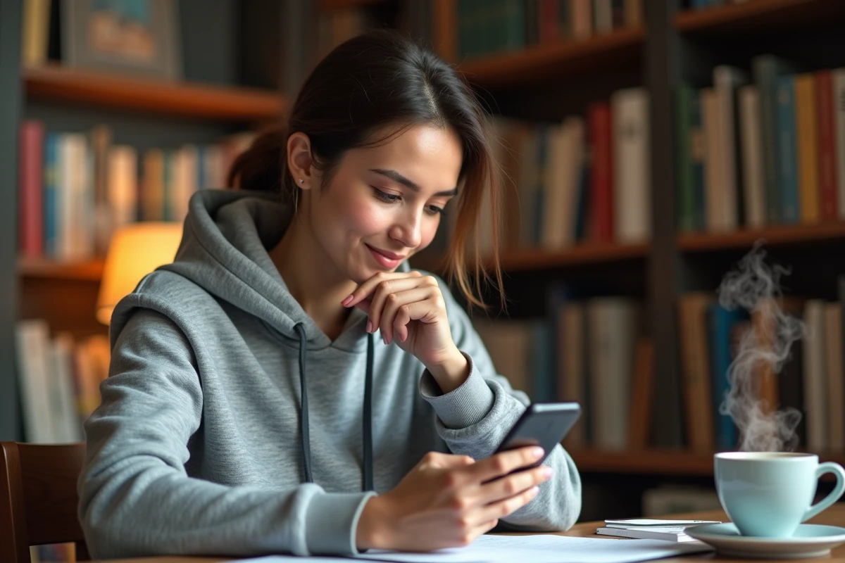 Femme jouant à Codycross sur smartphone, cherchant le mot de passe du jour avec concentration