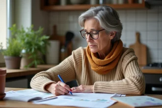 Femme comparant des factures de fioul et des brochures sur les énergies alternatives à sa table de cuisine