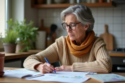 Femme comparant des factures de fioul et des brochures sur les énergies alternatives à sa table de cuisine