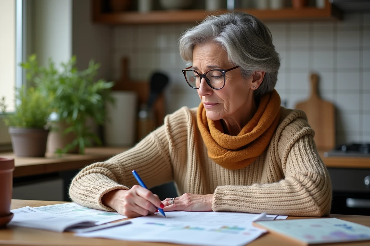 Femme comparant des factures de fioul et des brochures sur les énergies alternatives à sa table de cuisine