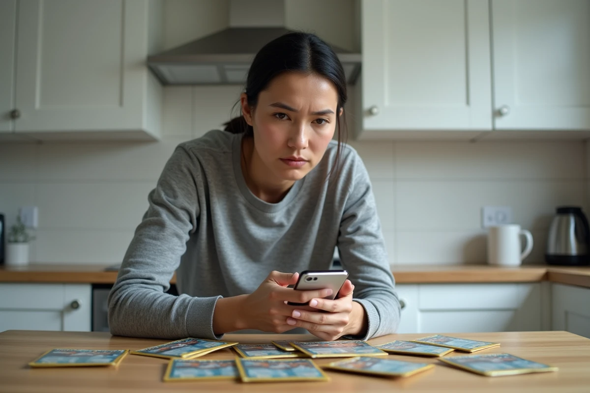 Femme consultant des avis en ligne sur son smartphone avant d'acheter des cartes Pokémon scellées