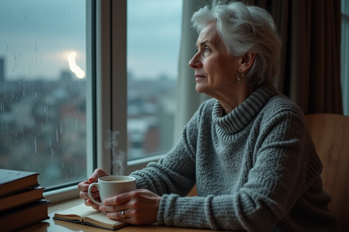 Femme pensive assise près d'une fenêtre sous la pluie, observant un éclair dans un ciel orageux urbain avec un journal et une tasse de thé