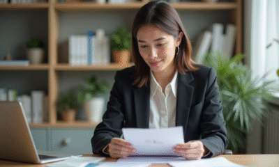 Femme réfléchissant à ses économies dans un bureau moderne