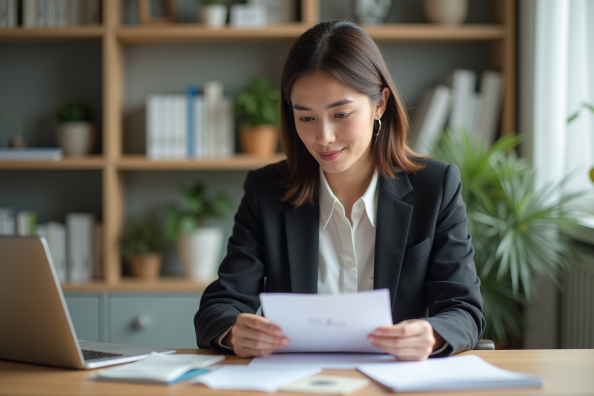 Femme réfléchissant à ses économies dans un bureau moderne