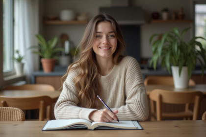 Jeune femme concentrée dans sa cuisine avec un cahier