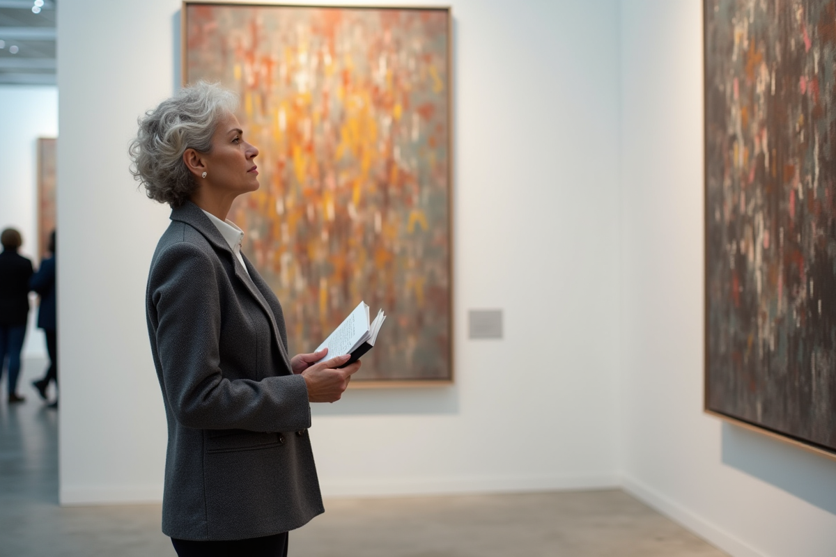 Femme contemplant une peinture abstraite dans une galerie d'art