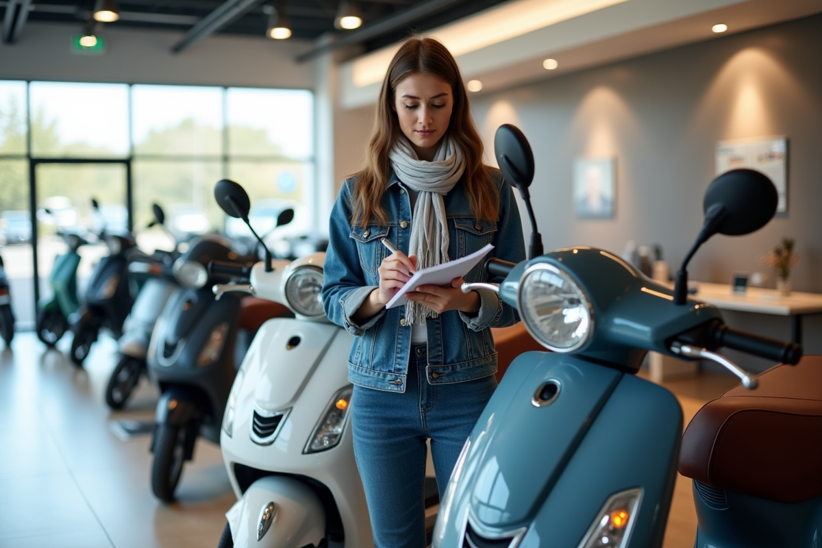 Femme comparant deux scooters en concession