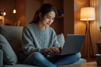 Femme découvrant le film du jour sur une plateforme de streaming depuis son canapé avec un ordinateur portable