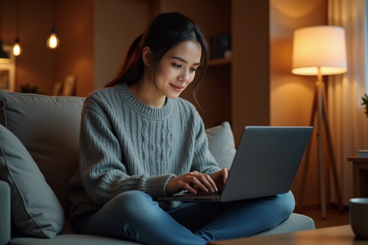Femme découvrant le film du jour sur une plateforme de streaming depuis son canapé avec un ordinateur portable